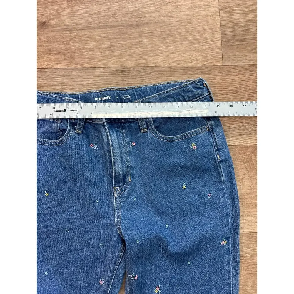 Old Navy Girls High-Rise Flare Jeans Embroidered Floral Blue Denim Size 18
